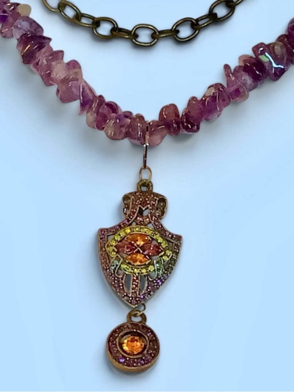 Heidi Daus  Swarovski Crystal  Pendant with a Purple & Gold Double Chain NWOT